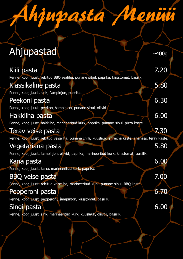 ahjupasta menüü